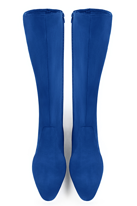 Electric blue women's feminine knee-high boots. Round toe. Low flare heels. Made to measure. Top view - Florence KOOIJMAN